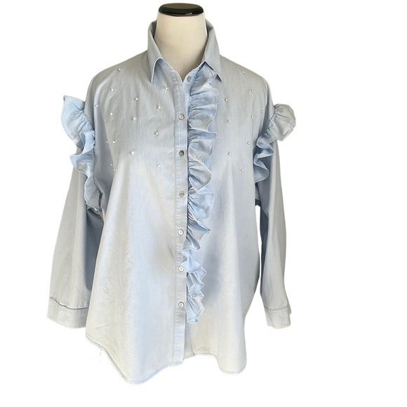 Zara Tops Zara Womens Oversized Cotton Shirt With Pearls And